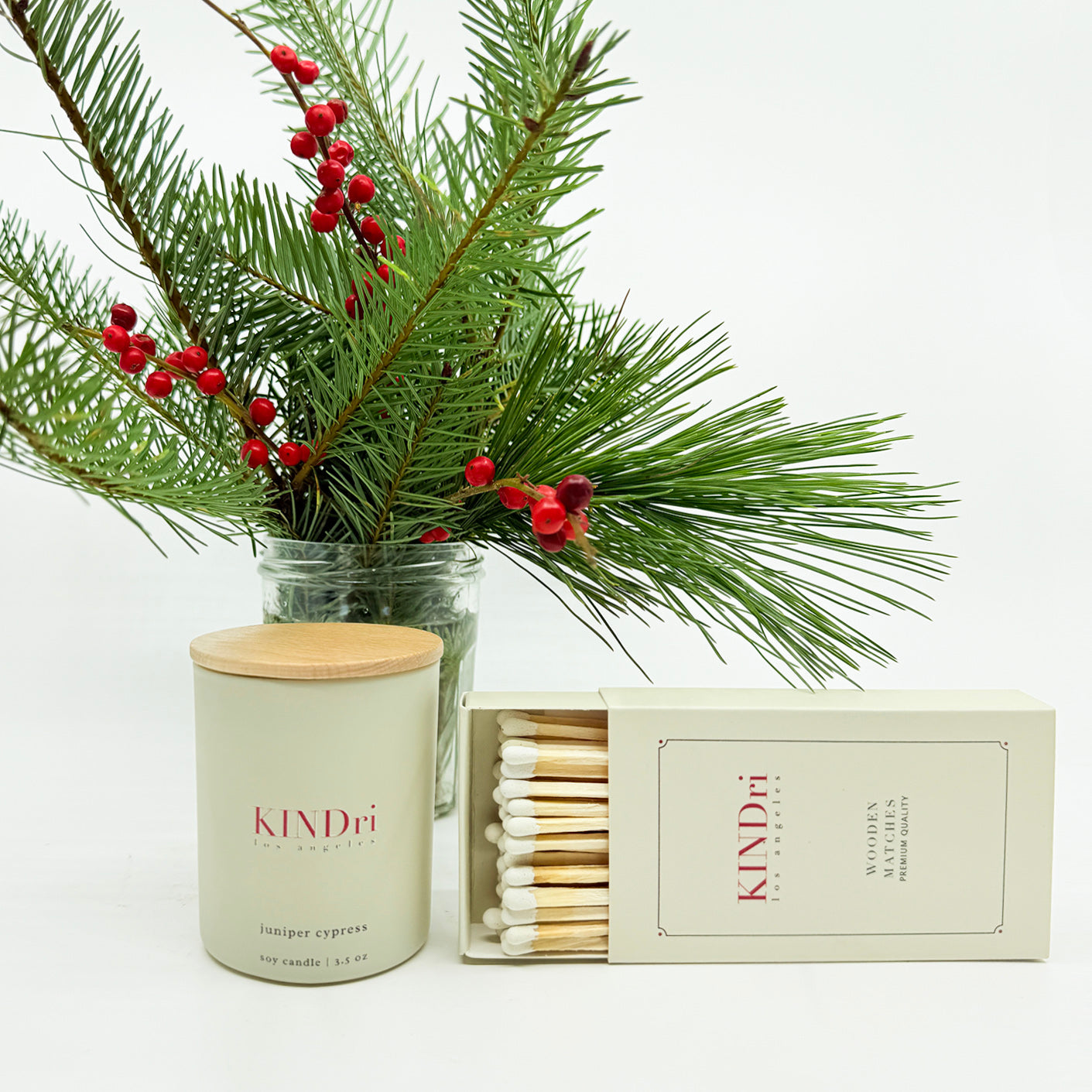 KINDri Juniper + Cypress Holiday Candle Set With Matching Luxe Matches