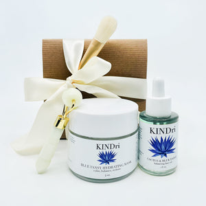 KINDri 2023  cactus & blue tansy duo with complimentary jade roller and vegan mask brush gift set