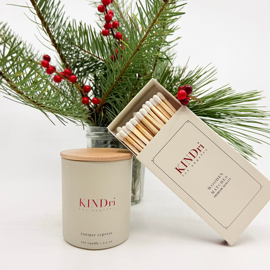 KINDri Juniper + Cypress Holiday Candle Set  With Matching Luxe Matches