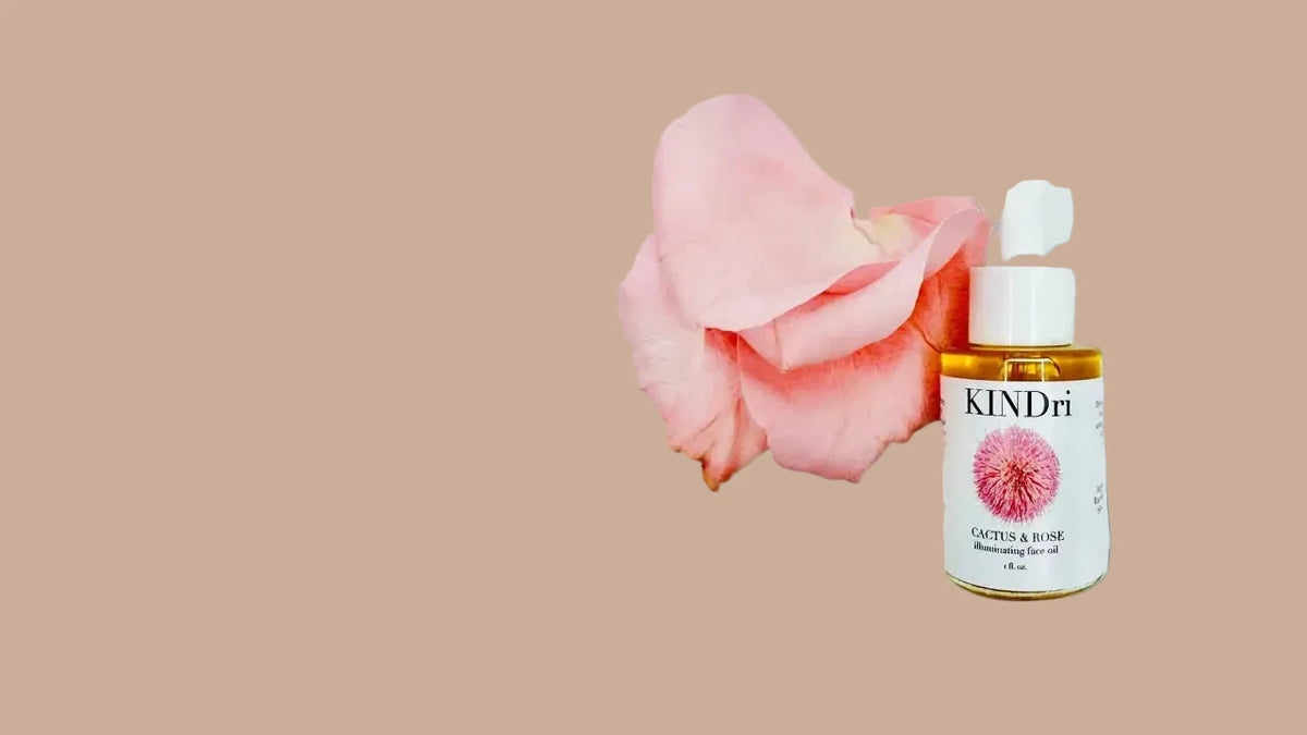 KINDri Cactus & Rose face oil beside a soft pink rose